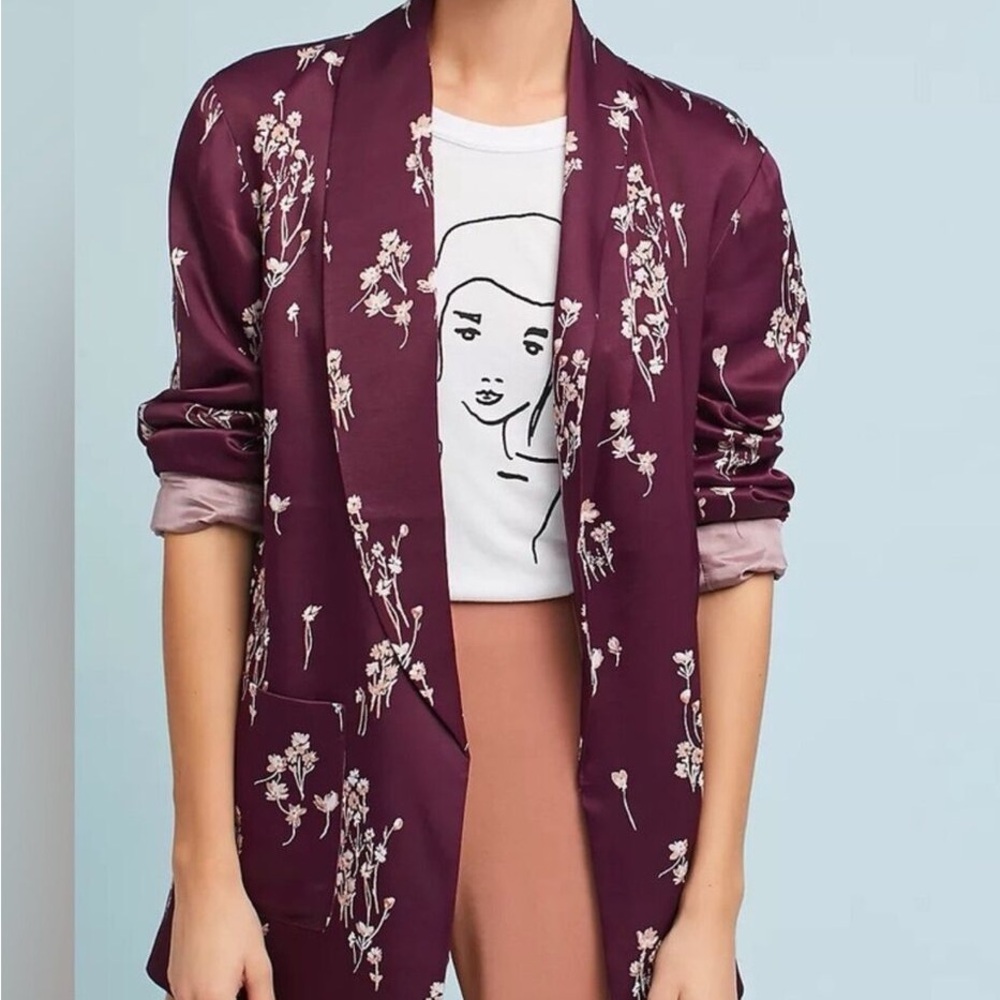 Anthropologie Ett:Twa Tavie Floral Blazer Size Small Burgundy Open Front